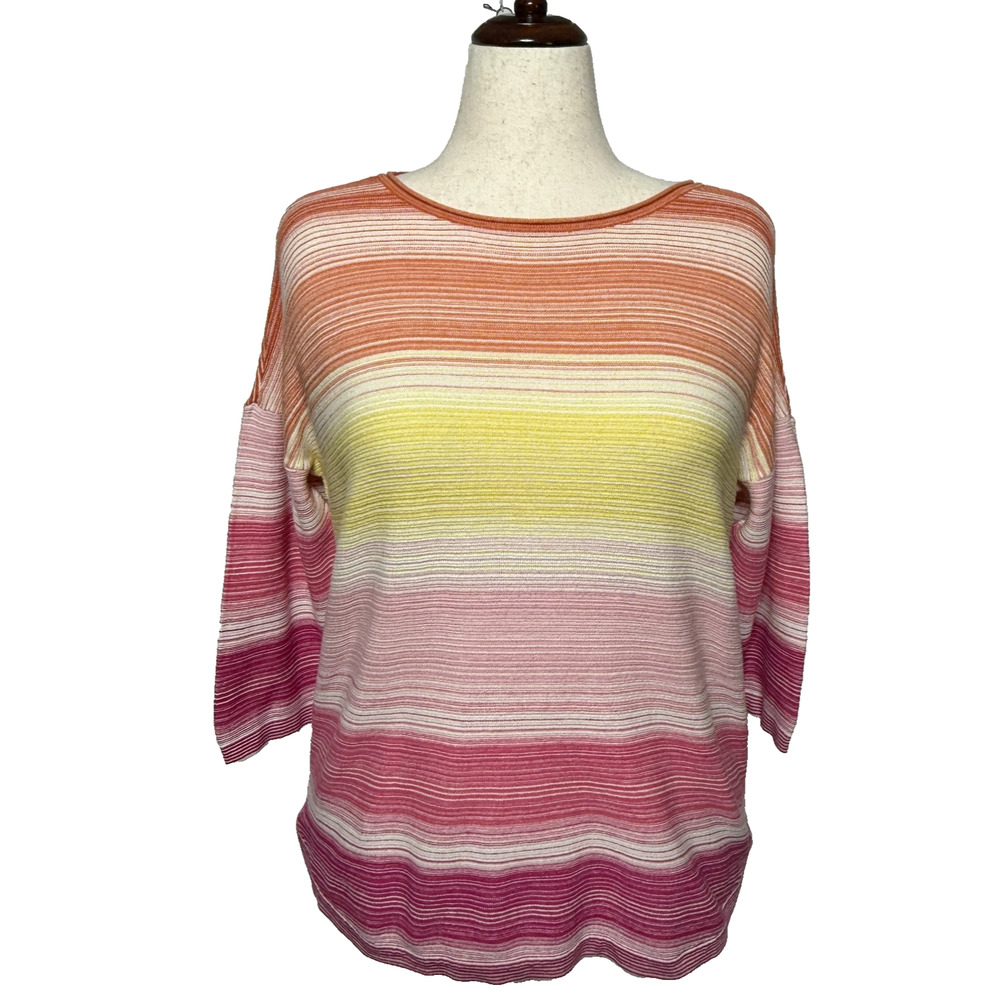 Chicos Top Womens Large 2 Pink Yellow Orange Striped Colorful Rayon Blend Casual